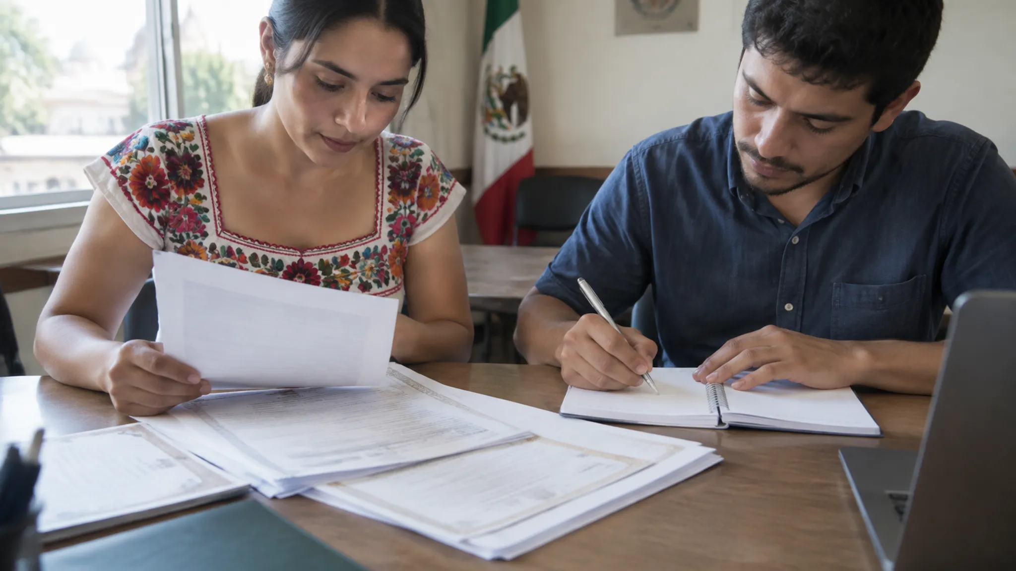 Couple organizing civil wedding documents and questions for a registry office