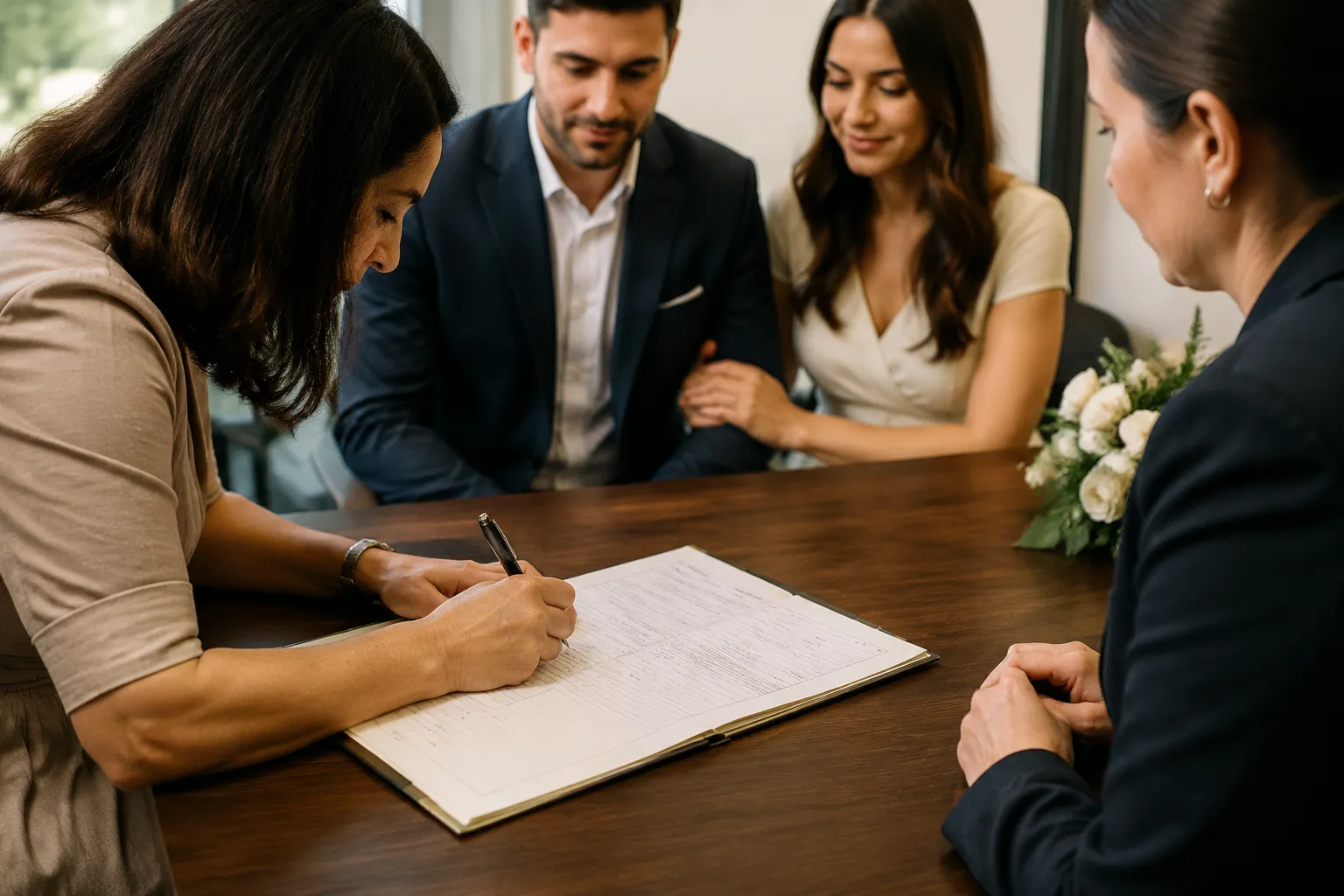 Witness signing a civil marriage record while the registrar and couple observe