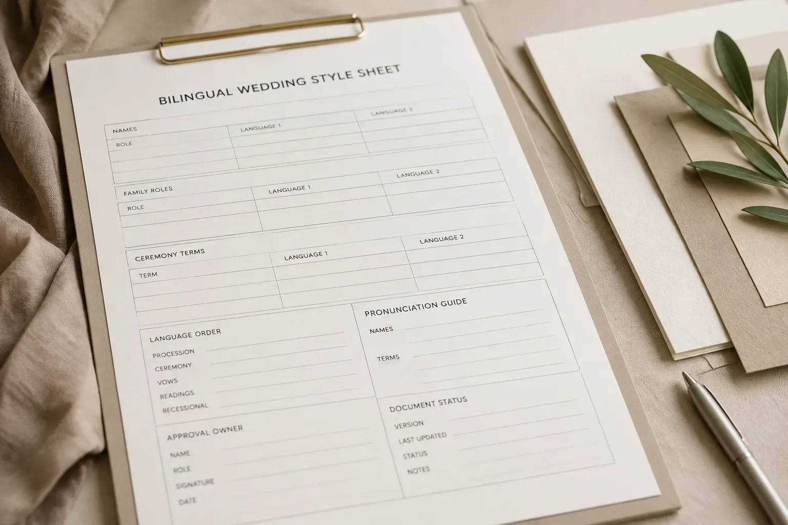 Close view of a bilingual wedding style sheet with terminology, roles, and approval fields