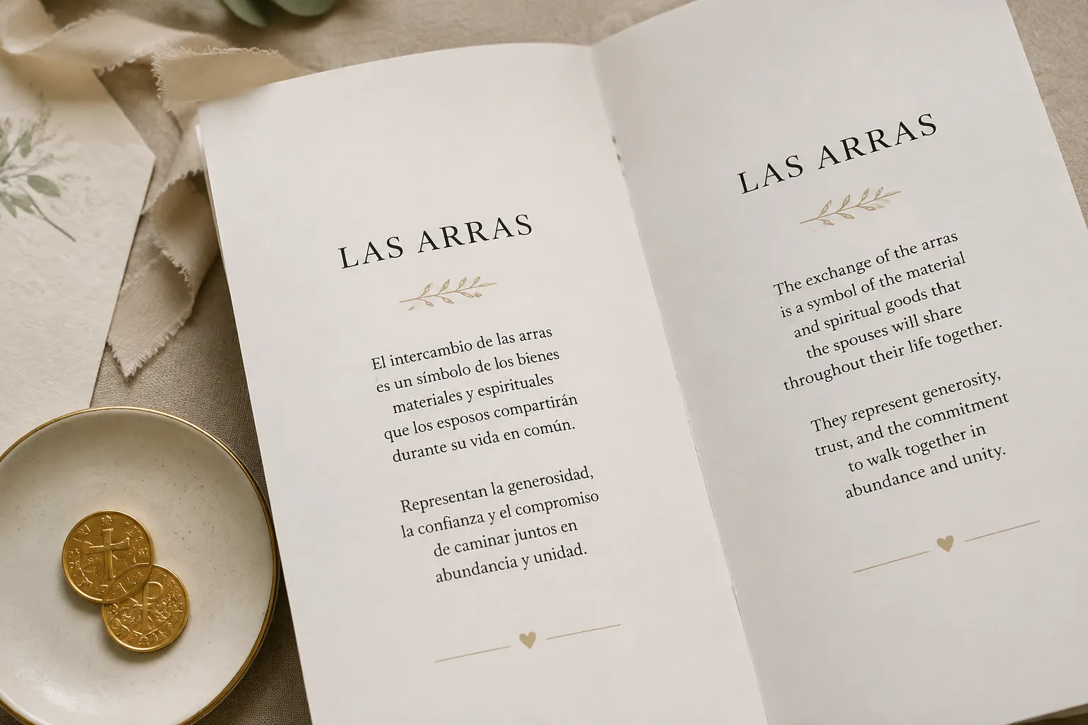 Close view of wedding program wording for Las Arras with bilingual ceremony language