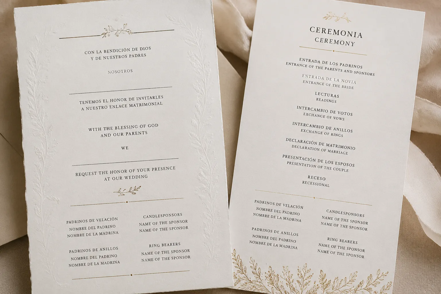 Wedding invitation and program displaying consistent bilingual padrino and madrina wording