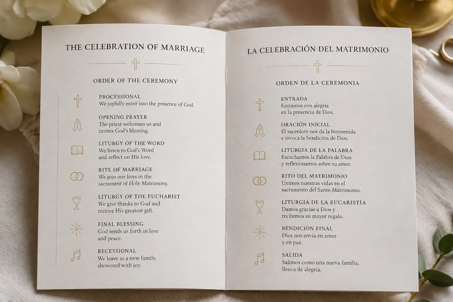 Bilingual wedding program layout with paired English and Spanish ceremony text
