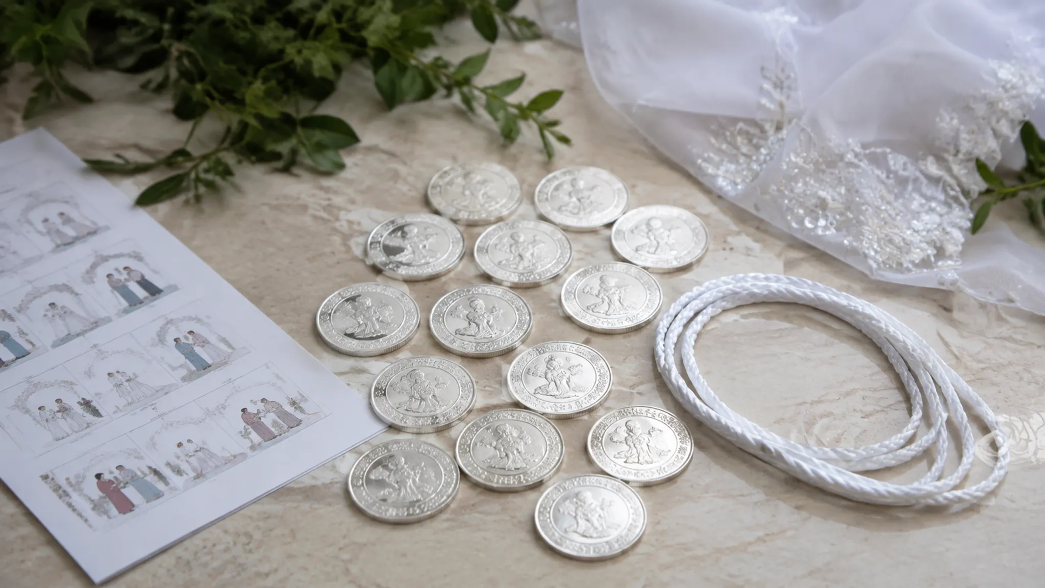 Ceremonial wedding coins and a white lazo prepared beside a printed ceremony sequence