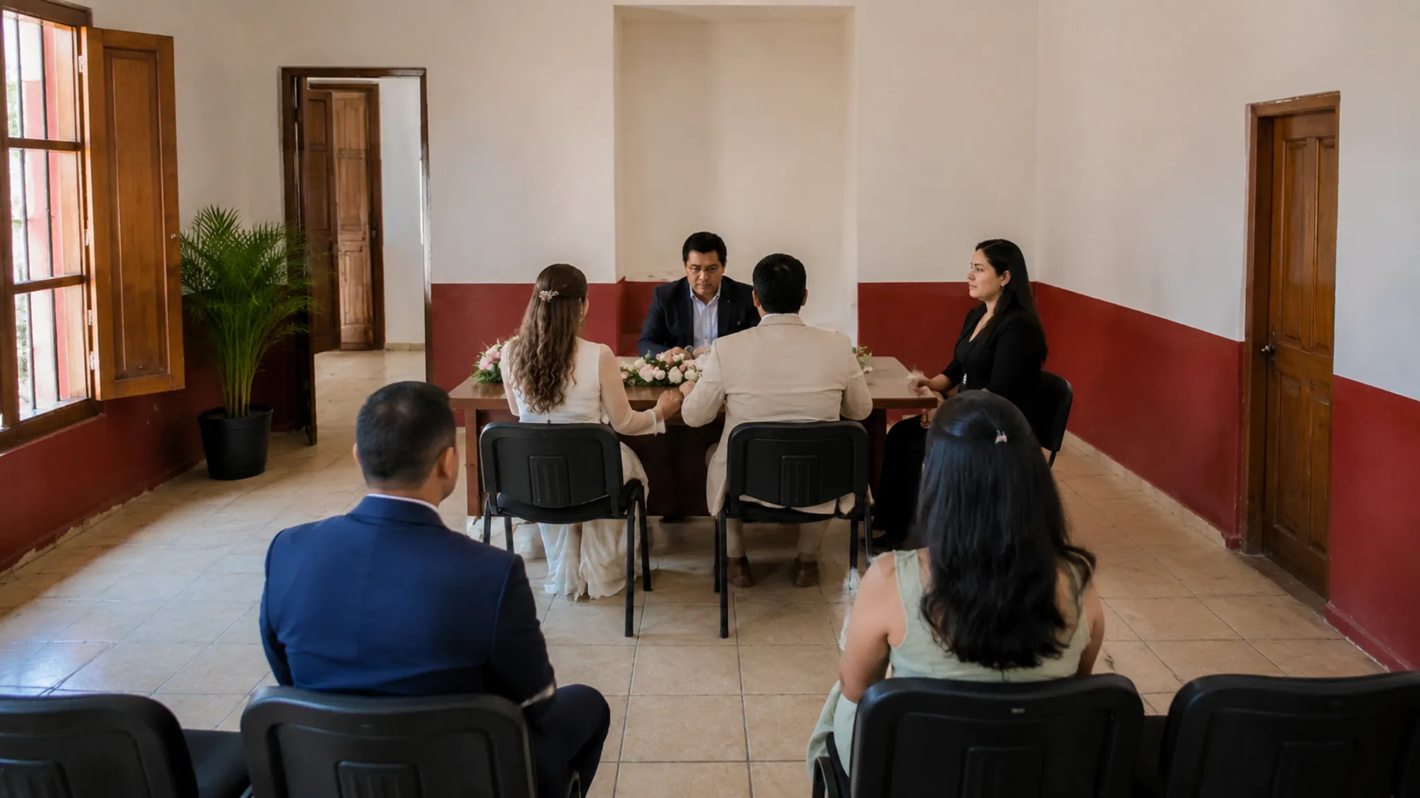 Small civil ceremony room arranged for a couple, witnesses, and registrar