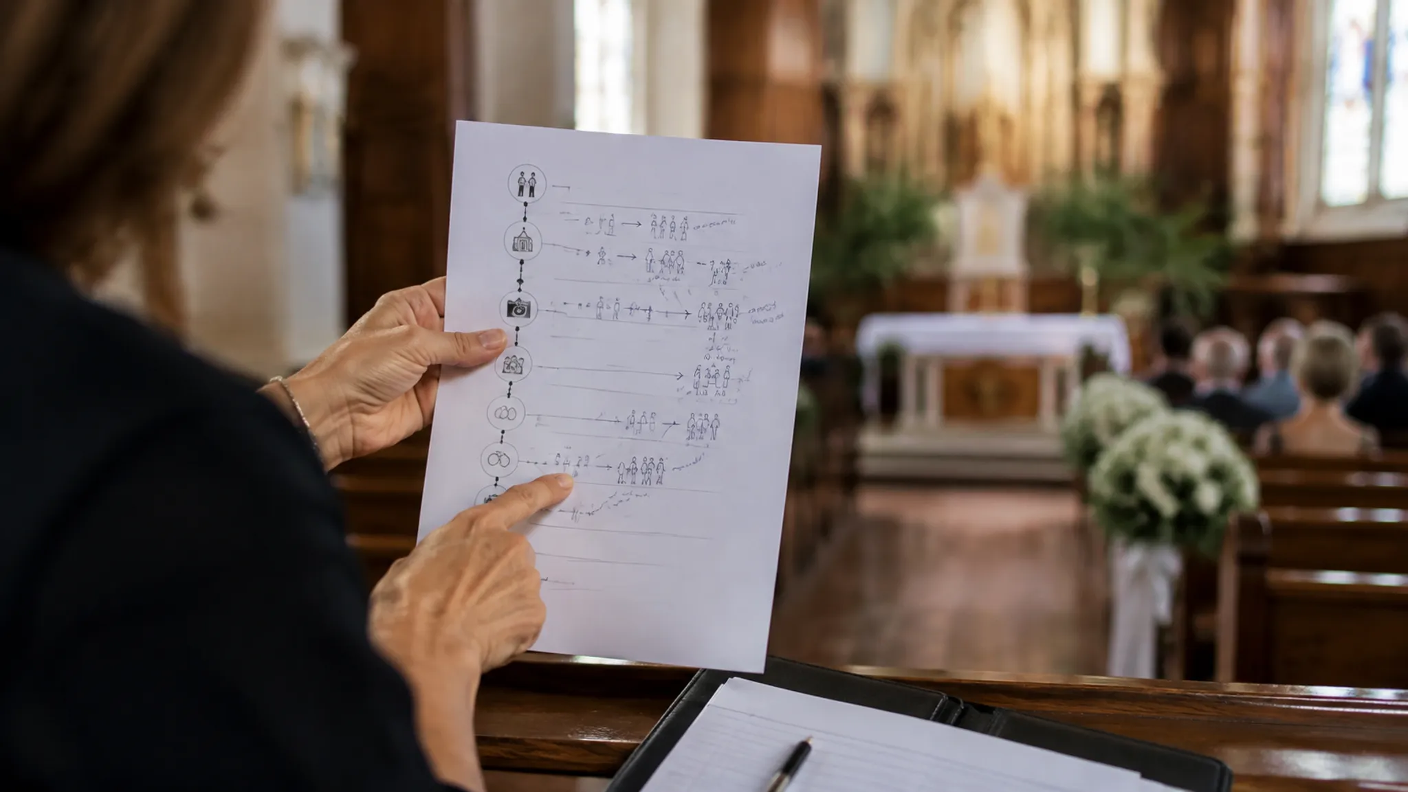 Wedding coordinator reviewing a printed ceremony order with family role notes and movement cues