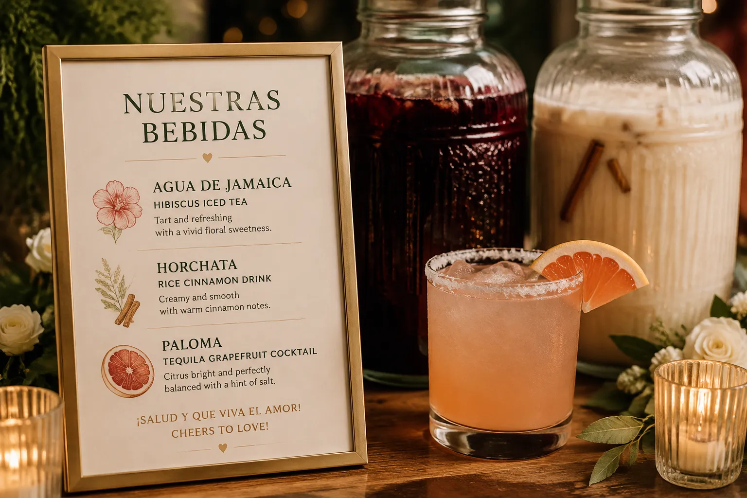 Bilingual Mexican wedding drink labels at a reception bar