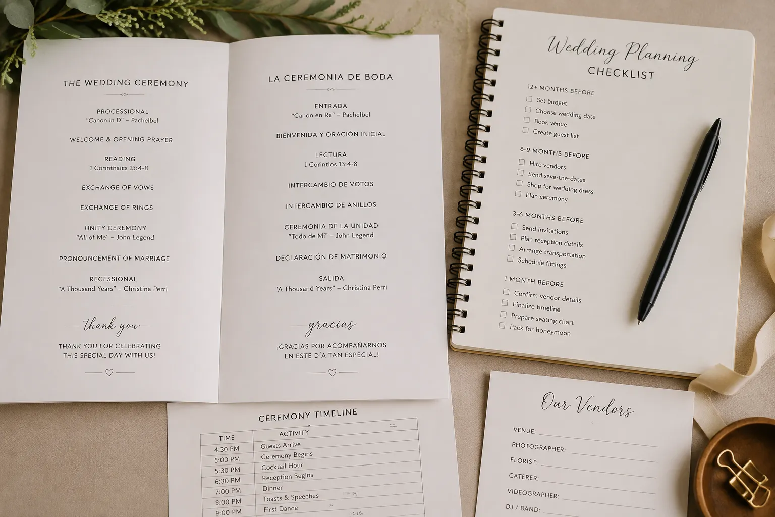 Bilingual wedding program pages and a translation review checklist arranged on a planning table