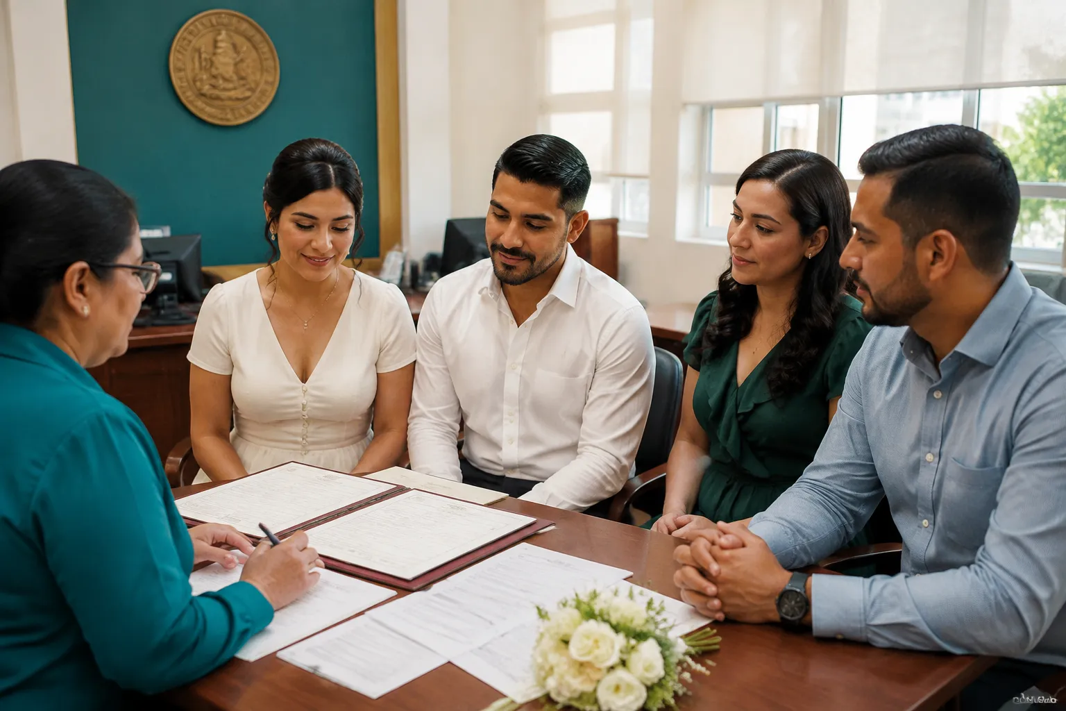 Couple and witnesses preparing documents at a civil registry appointment desk