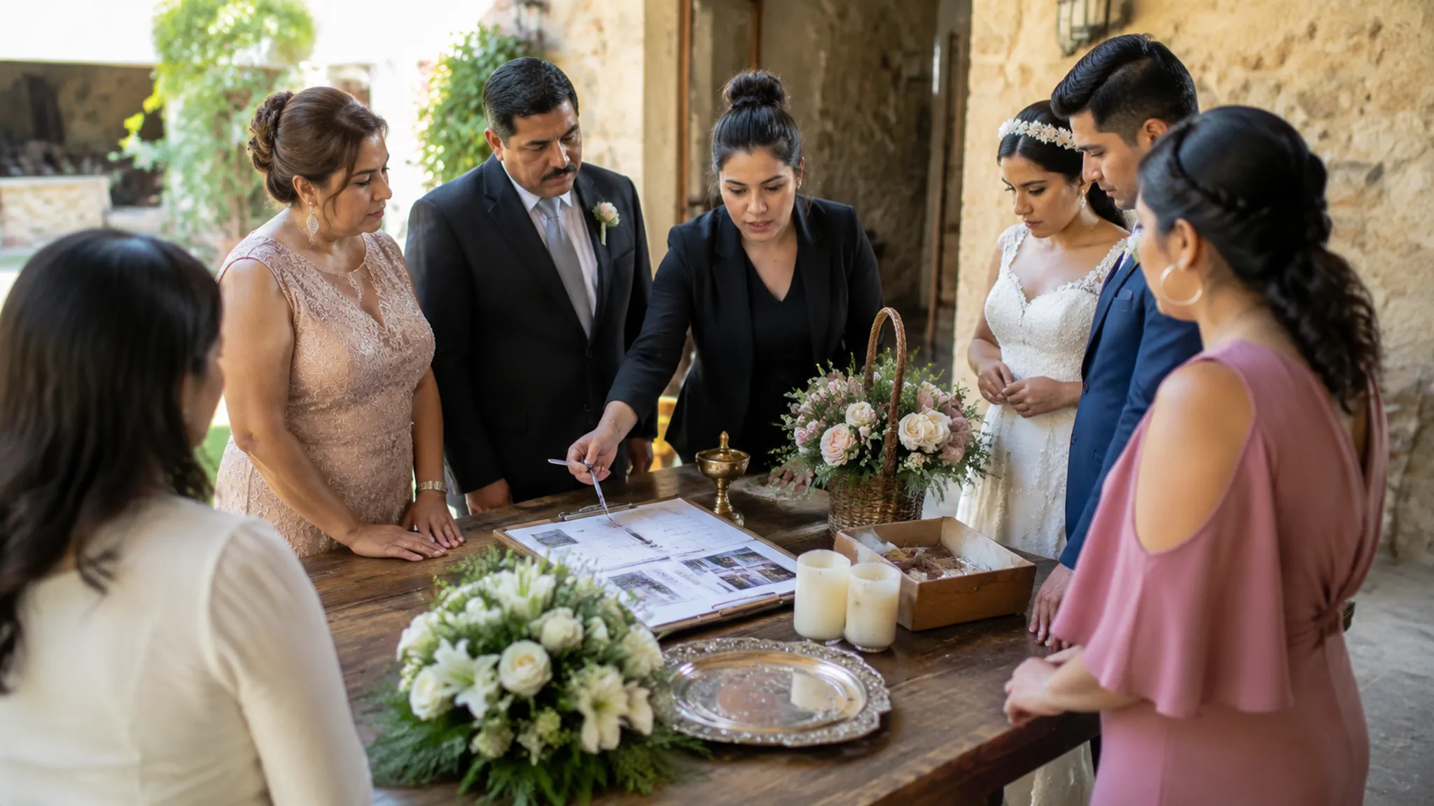 Wedding planner mapping ceremony handoffs, family roles, and reception flow