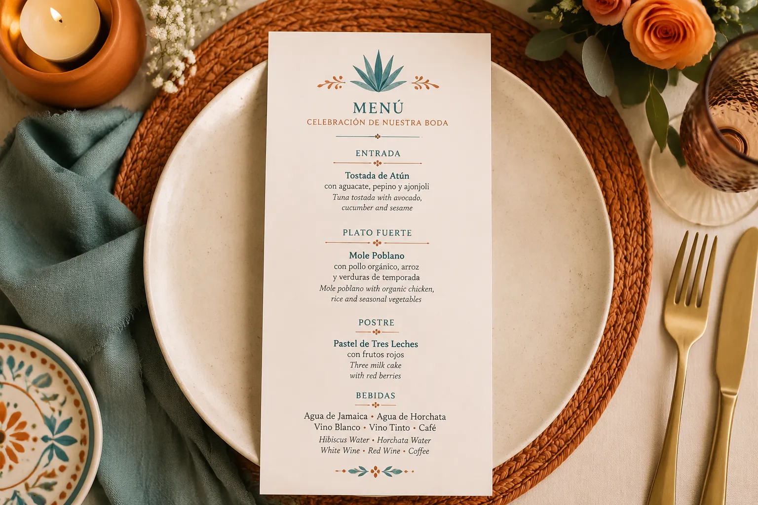 Bilingual Mexican wedding menu with Spanish dish names and English descriptions