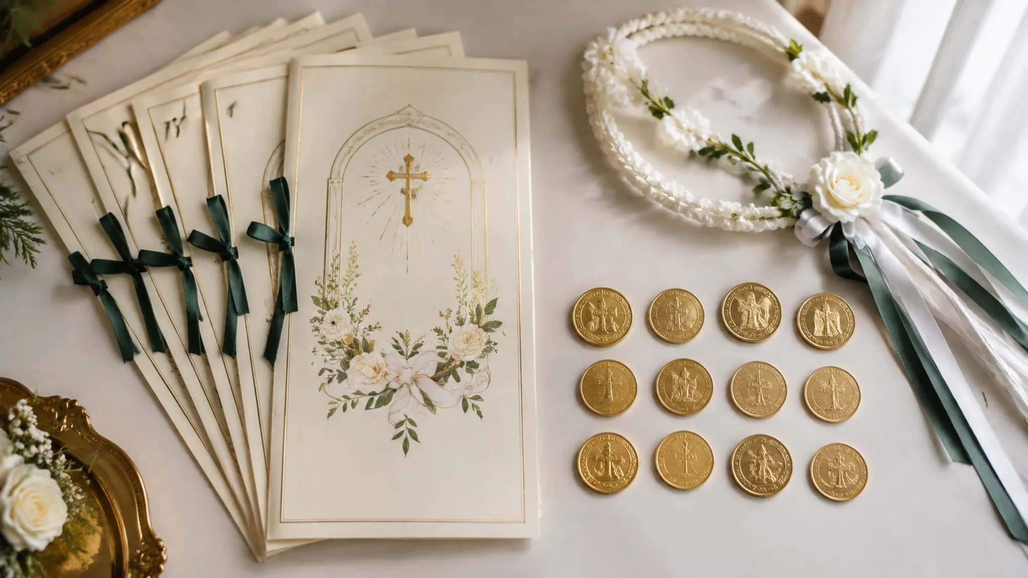 Bilingual wedding ceremony programs arranged beside ceremonial coins and a lazo on a preparation table