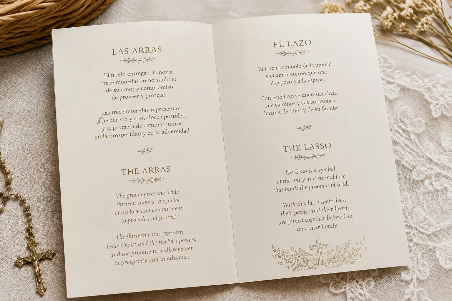 Wedding program displaying adaptable Las Arras and El Lazo wording beside ceremony details