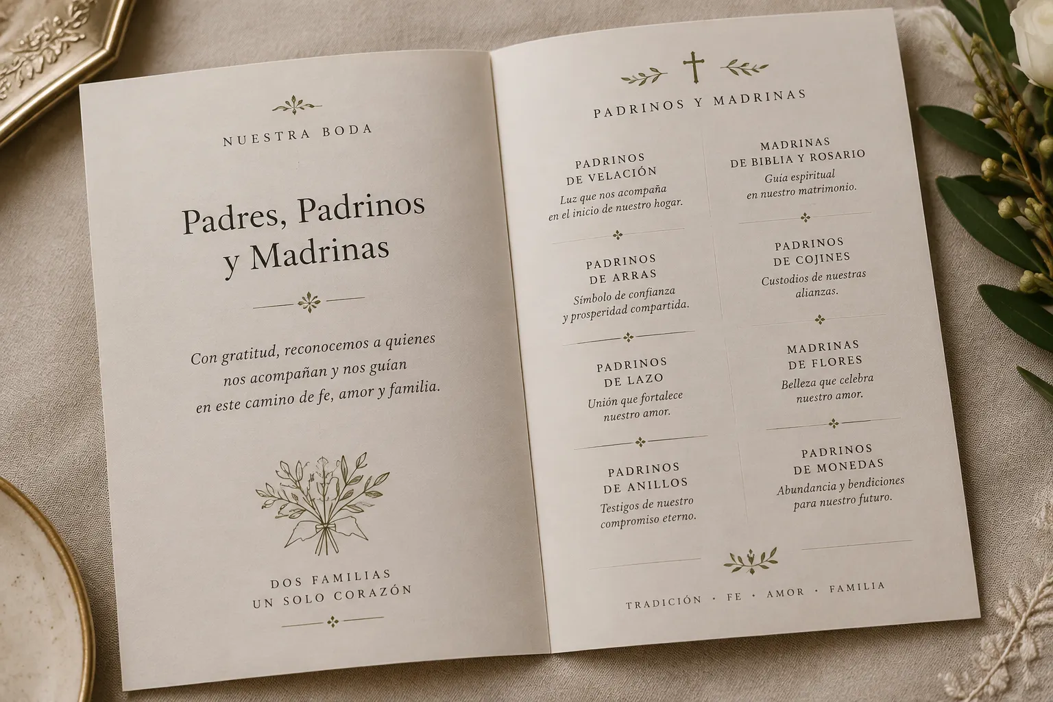Wedding program showing a clearly organized padrinos and madrinas section