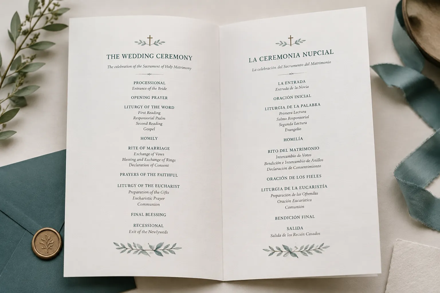 Open bilingual Catholic wedding program showing English and Spanish ceremony pages