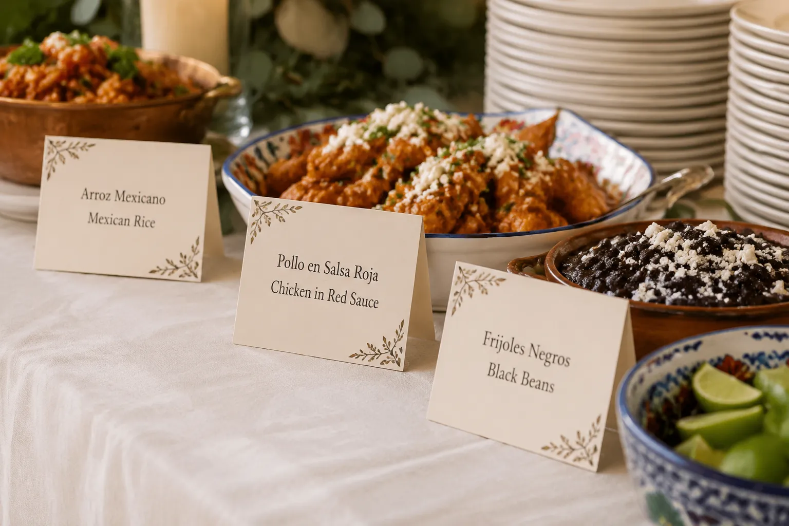 Mexican wedding reception buffet cards showing bilingual food labels