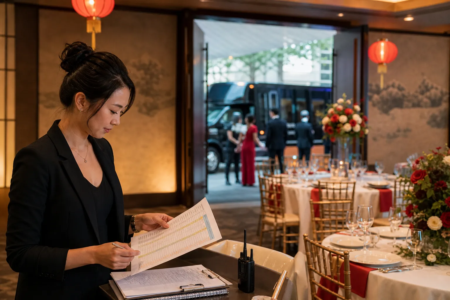 Bilingual reception schedule showing guest transitions, speeches, dinner service, and departure planning