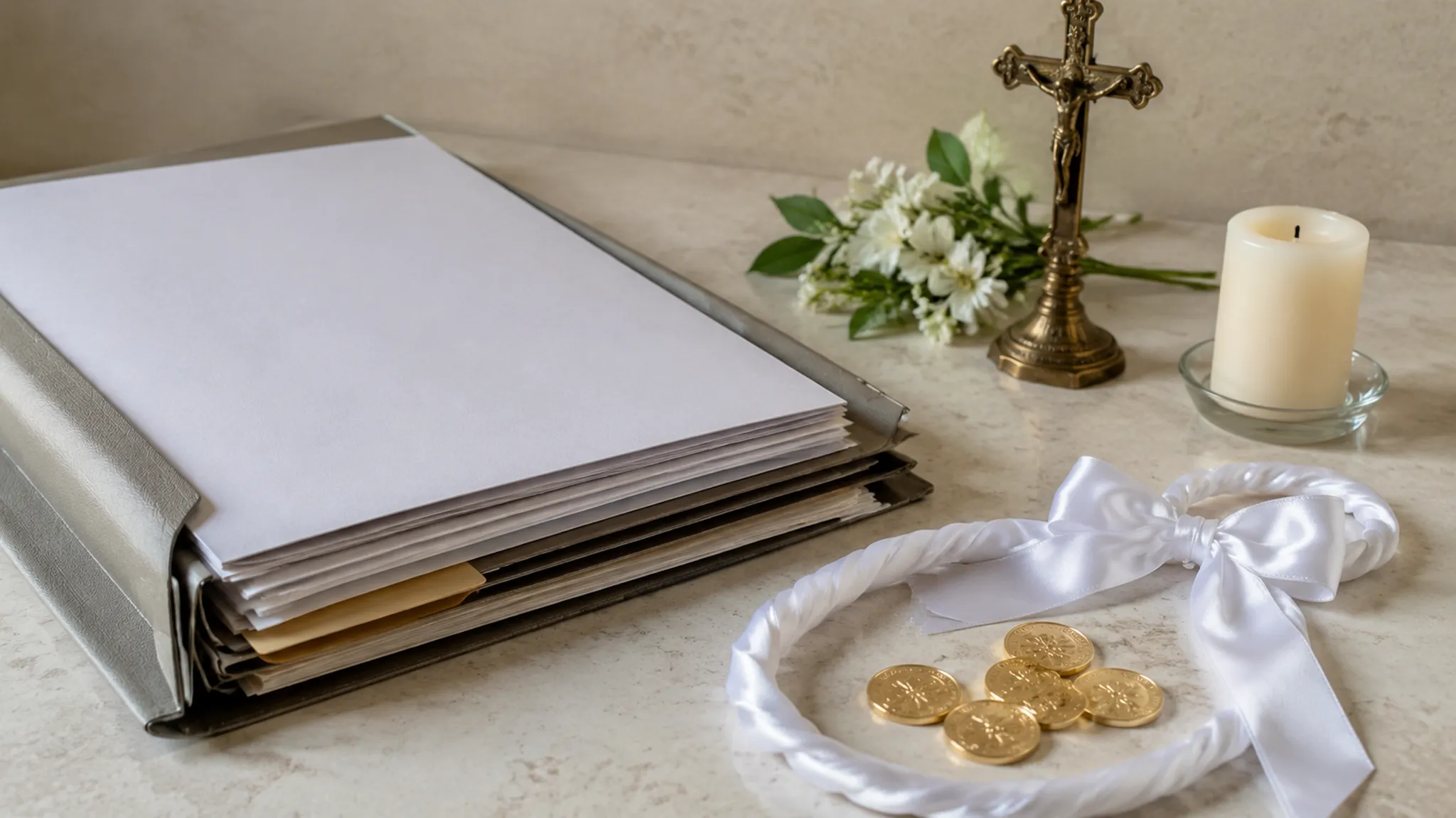Civil registry paperwork placed separately from Catholic wedding arras and lazo items