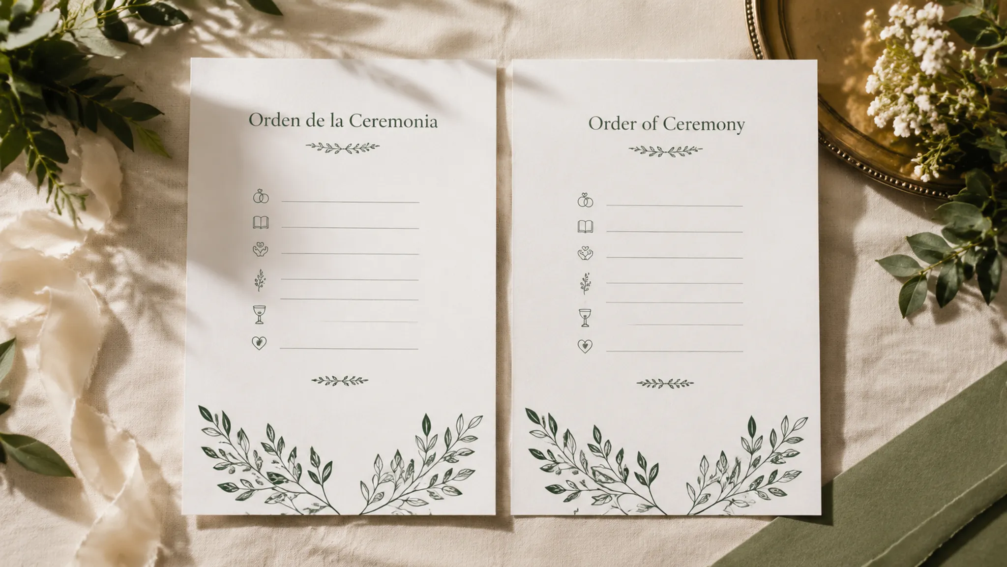 Spanish and English wedding ceremony program pages shown side by side for a bilingual guest audience