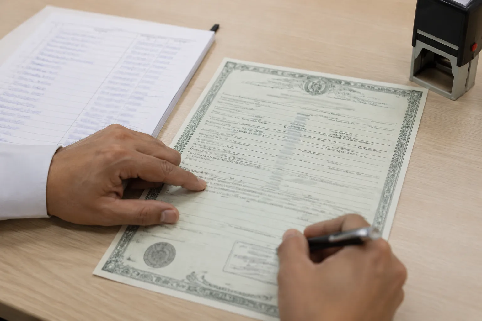 Mexican civil registry record details being checked against a document request