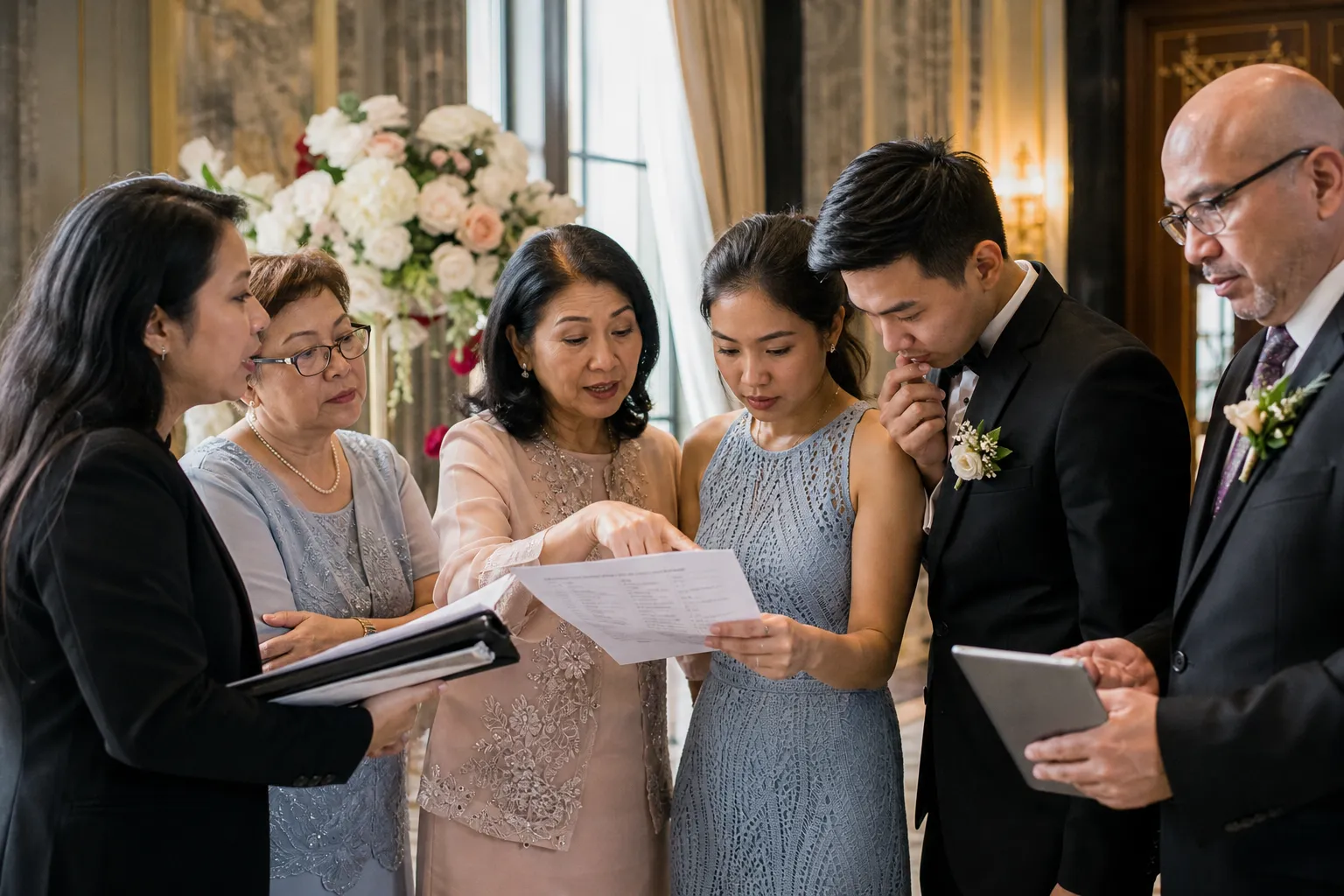 Wedding party and family members coordinating ceremony roles, language support, and timing