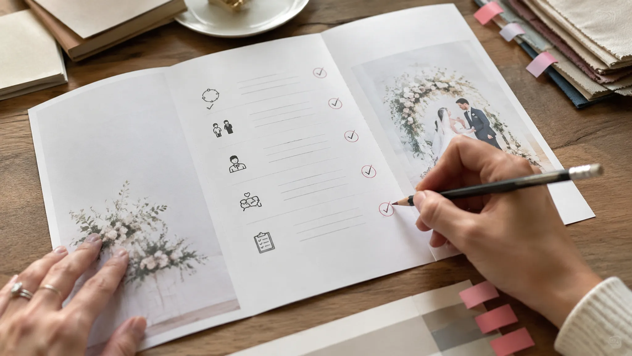 Printed wedding program proof marked for sequence, names, guest actions, language, and logistics review
