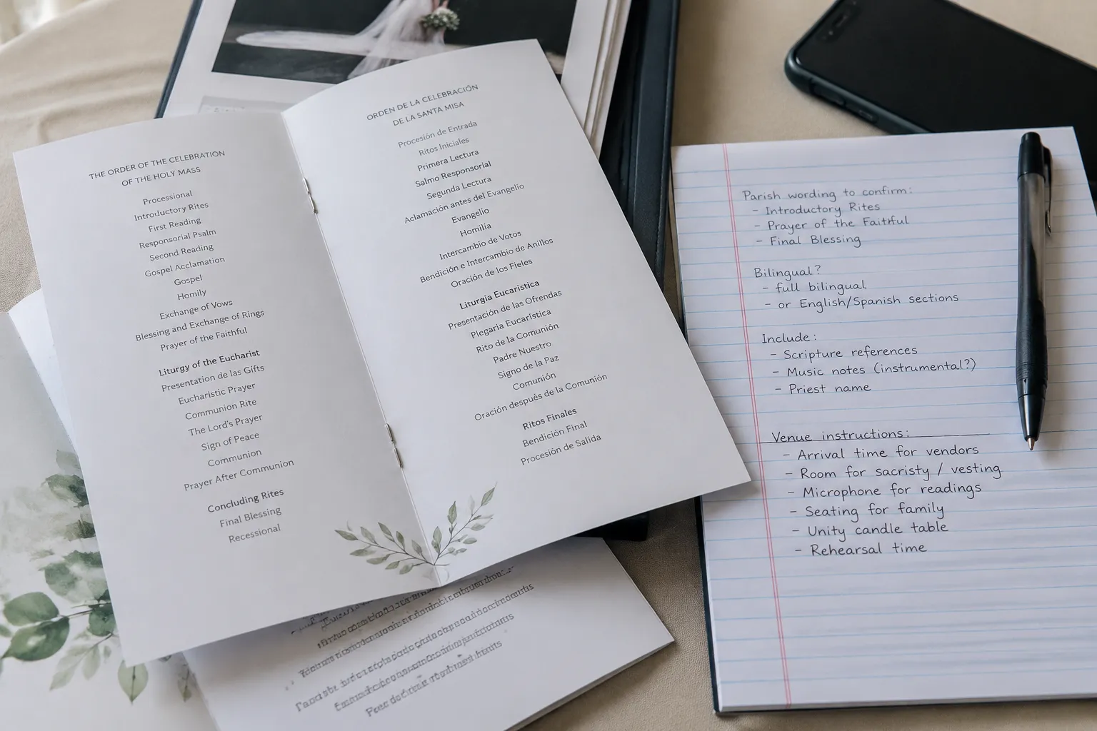 Bilingual Catholic wedding program draft beside notes for parish and venue review