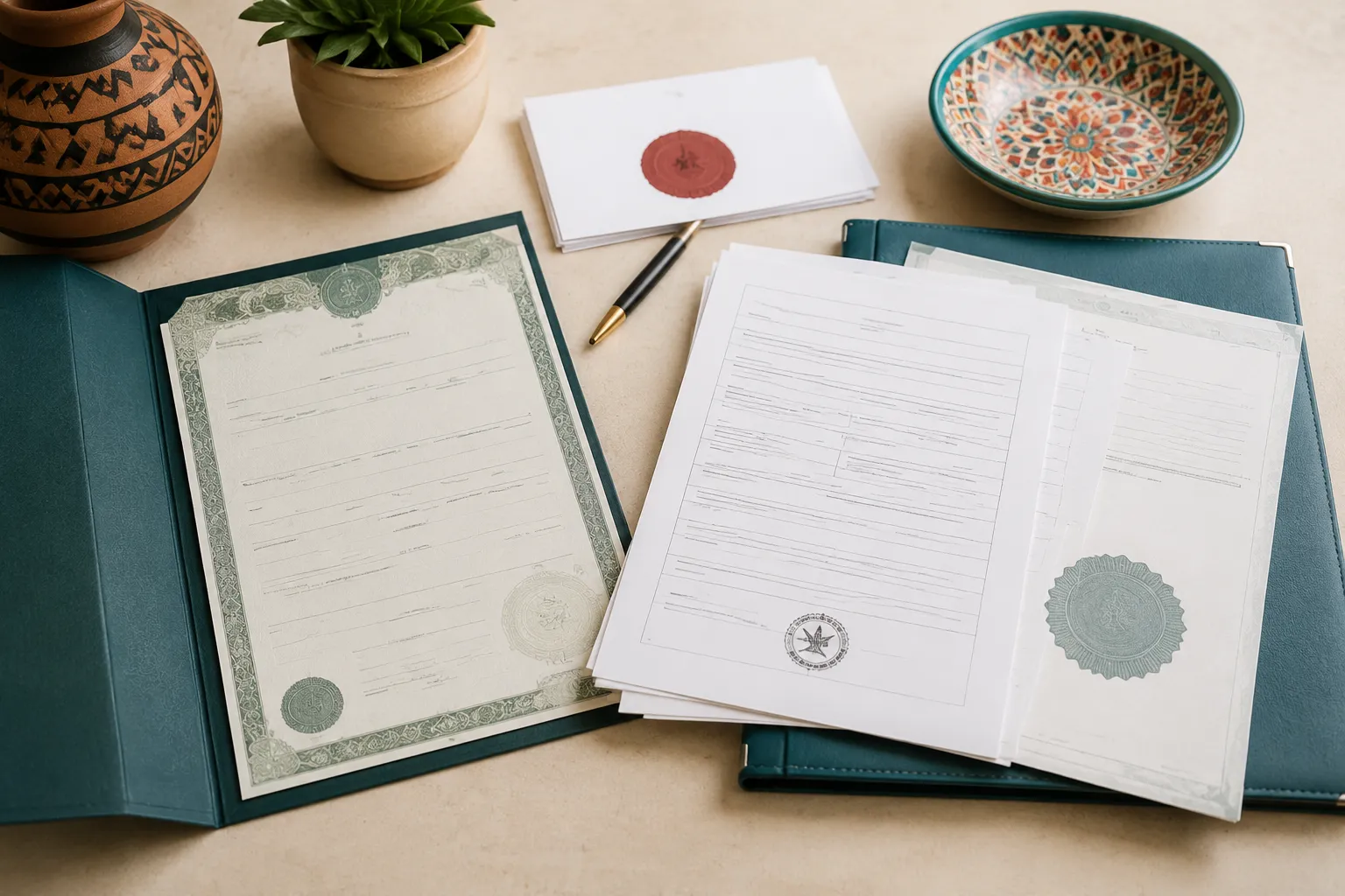 Translation and authentication papers arranged beside a Mexican marriage certificate