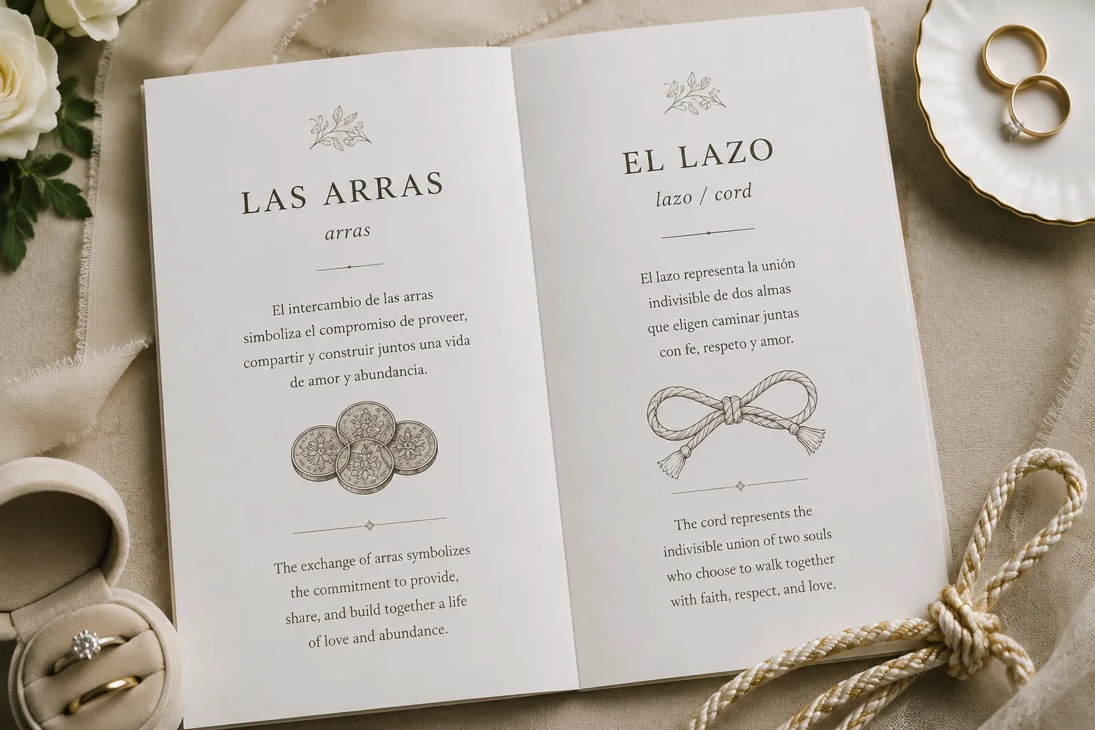 Wedding ceremony program layout showing parallel Las Arras and El Lazo entries