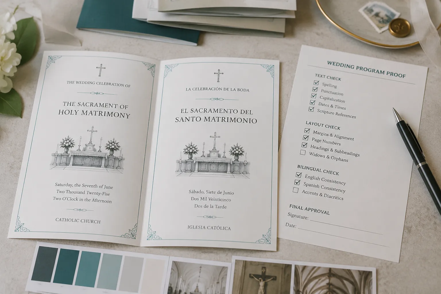 Printed bilingual Catholic wedding program beside ceremony proofing materials