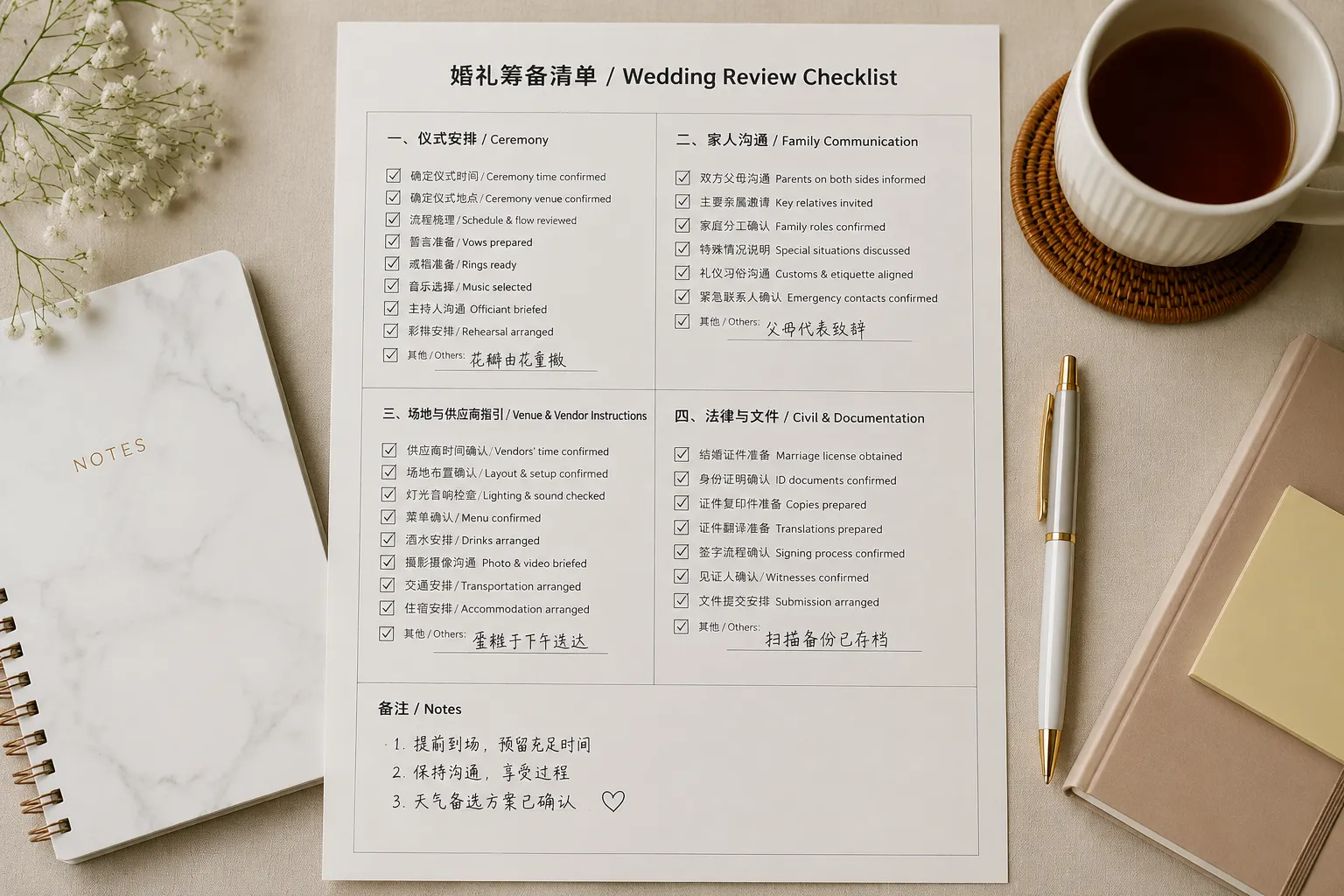 Completed bilingual wedding review checklist organized by ceremony, family, venue, and civil paperwork sections