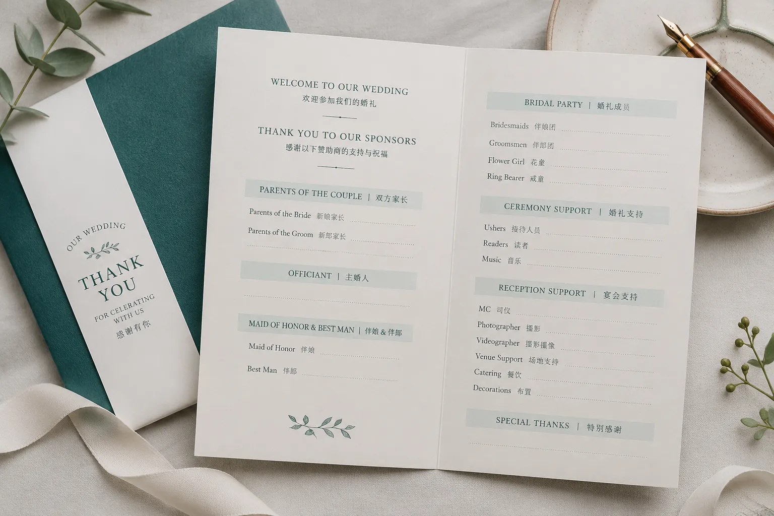Bilingual wedding stationery layout with padrino and madrina names grouped by ceremony role