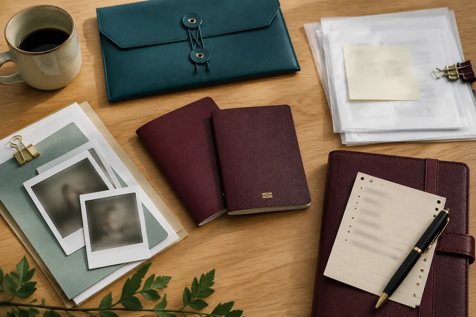 Passports, appointment notes, and organized witness document copies on a desk
